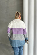 Büyük Beden Uzun Kollu Önü Kapamasız Renk Bloklu Triko Hırka 302148