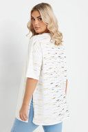 Büyük Beden Kısa Kollu Bisiklet Yaka Yanları Yırtmaçlı Metalik Baskılı T-shirt 303955