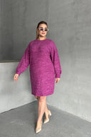 Büyük Beden Uzun Kollu Bisiklet Yaka Kırçıllı Elbise 84-162