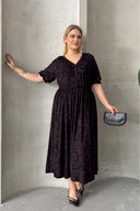 Büyük Beden Kısa Kollu V Yaka Önü Düğmeli Beli Lastikli Elbise 303699