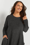 Büyük Beden Uzun Kol Bisiklet Yaka Eteği Bollaşan Cepli Elbise 270083