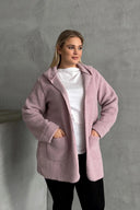 Büyük Beden Uzun Kollu Kapüşonlu Önü Kapamasız Cepli Peluş Ceket 97-14