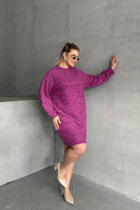 Büyük Beden Uzun Kollu Bisiklet Yaka Kırçıllı Elbise 84-162