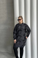 Büyük Beden Uzun Kollu Bisiklet Yaka Cepli Desenli Elbise 106-75