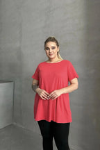 Büyük Beden Kısa Kollu Bisiklet Yaka Eteği Bollaşan Basic Bluz 100-50