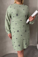 Büyük Beden Uzun Kollu Bisiklet Yaka Yıldız Desenli Esnek Elbise 84-158