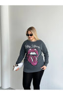 Büyük Beden Bisiklet Yaka Baskılı Pul Detaylı Yıkamalı Sweatshirt 301252