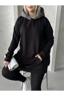 Büyük Beden Uzun Kollu Kapüşonlu Kanguru Cepli Yanları Yırtmaçlı Sweatshirt 300372