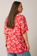 Büyük Beden V Yaka Kısa Kollu Önü Pileli Desenli Likralı Bluz 616172