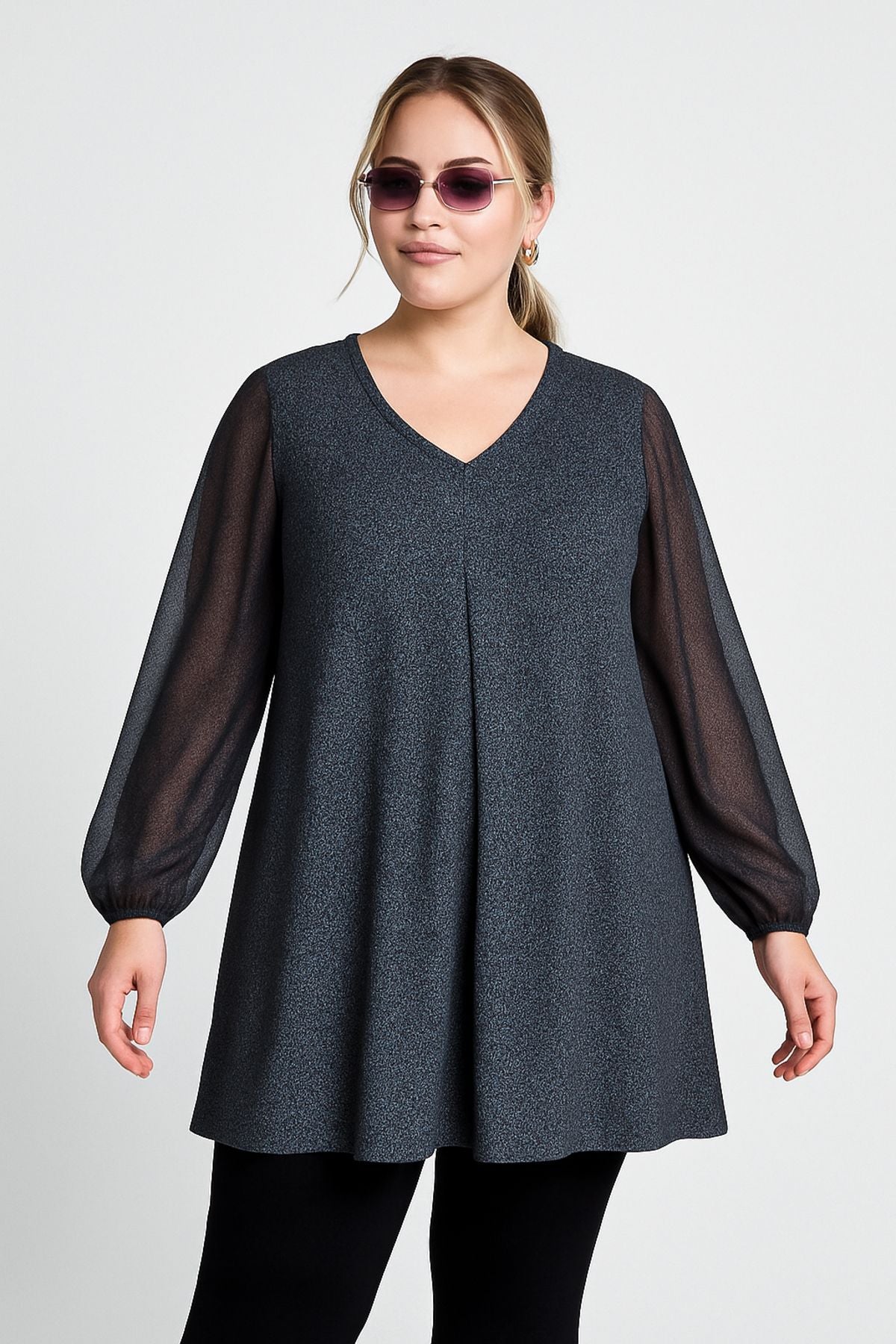 Büyük Beden Uzun Tül Kol V Yaka Bilekleri Lastikli Simli Bluz 78-132