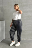 Büyük Beden Beli ve Paçası Lastikli Çizgili Cepli Pantolon 89-71