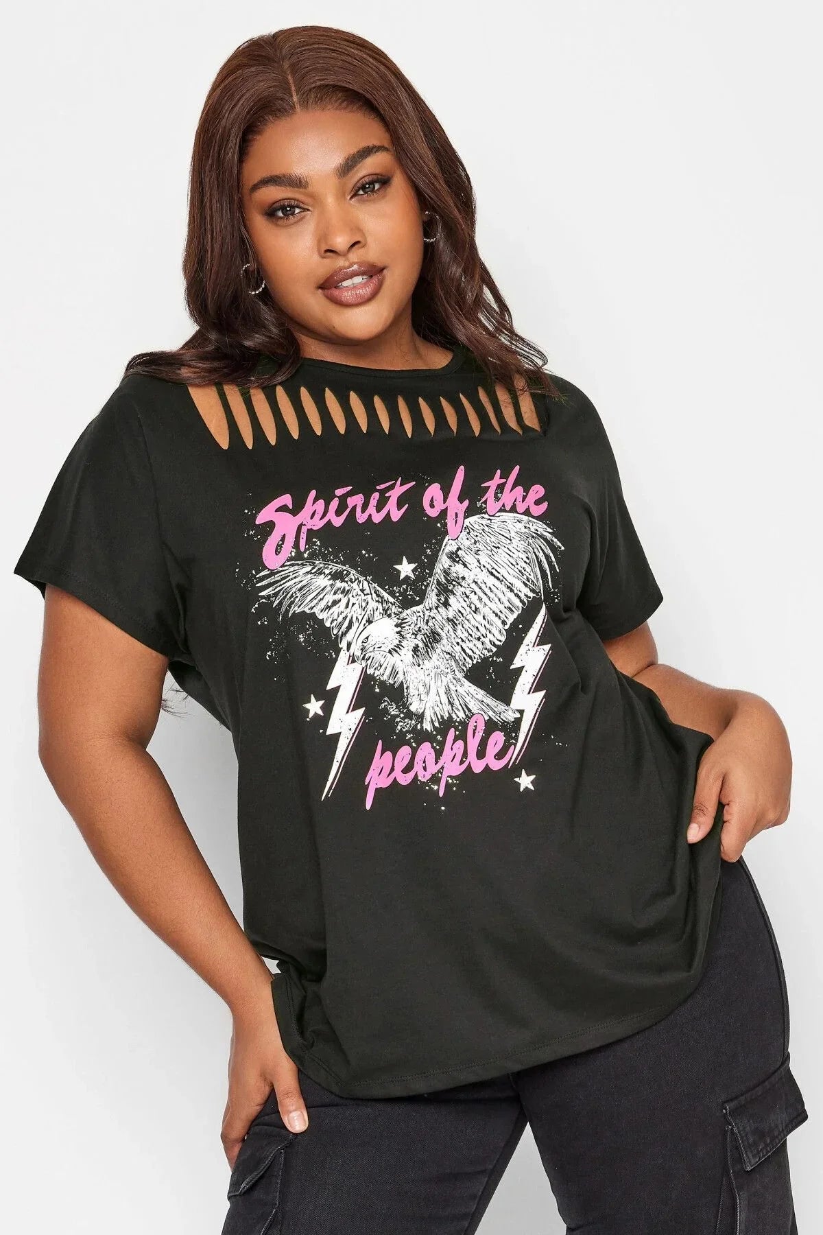 Büyük Beden Bisiklet Yaka Kesik Detaylı Baskılı Kısa Kollu T-shirt 321123