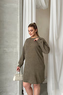 Büyük Beden Uzun Kollu Bisiklet Yaka Düz Kesim Elbise 100-190