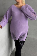 Büyük Beden Uzun Kollu Bisiklet Yaka Yırtık Detaylı Triko Kazak T-3