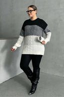 Büyük Beden Uzun Kollu Bisiklet Yaka Renk Bloklu Triko Kazak DG-04