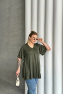 Büyük Beden V Yaka Desensiz Asimetrik Kesim Likralı Bluz MDL-4