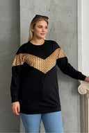 Büyük Beden Bisiklet Yaka Uzun Kollu Desenli Sweatshirt 300334