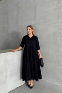 Büyük Beden V Yaka Yarım Kollu Beli Lastikli Uzun Elbise 302150