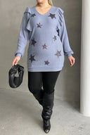 Büyük Beden Uzun Kolları Fırfırlı Yıldız Desen İşlemeli Bluz 301234