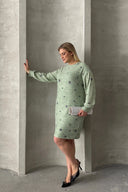 Büyük Beden Uzun Kollu Bisiklet Yaka Yıldız Desenli Esnek Elbise 84-158