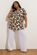 Büyük Beden Bisiklet Yaka Kısa Kollu Kuşgözü Detaylı Leopar Desenli Bluz 304127