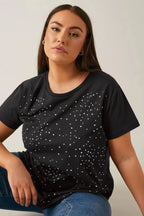Büyük Beden Bisiklet Yaka Kısa Kollu Taş Yapıştırma Basic T-shirt 615350