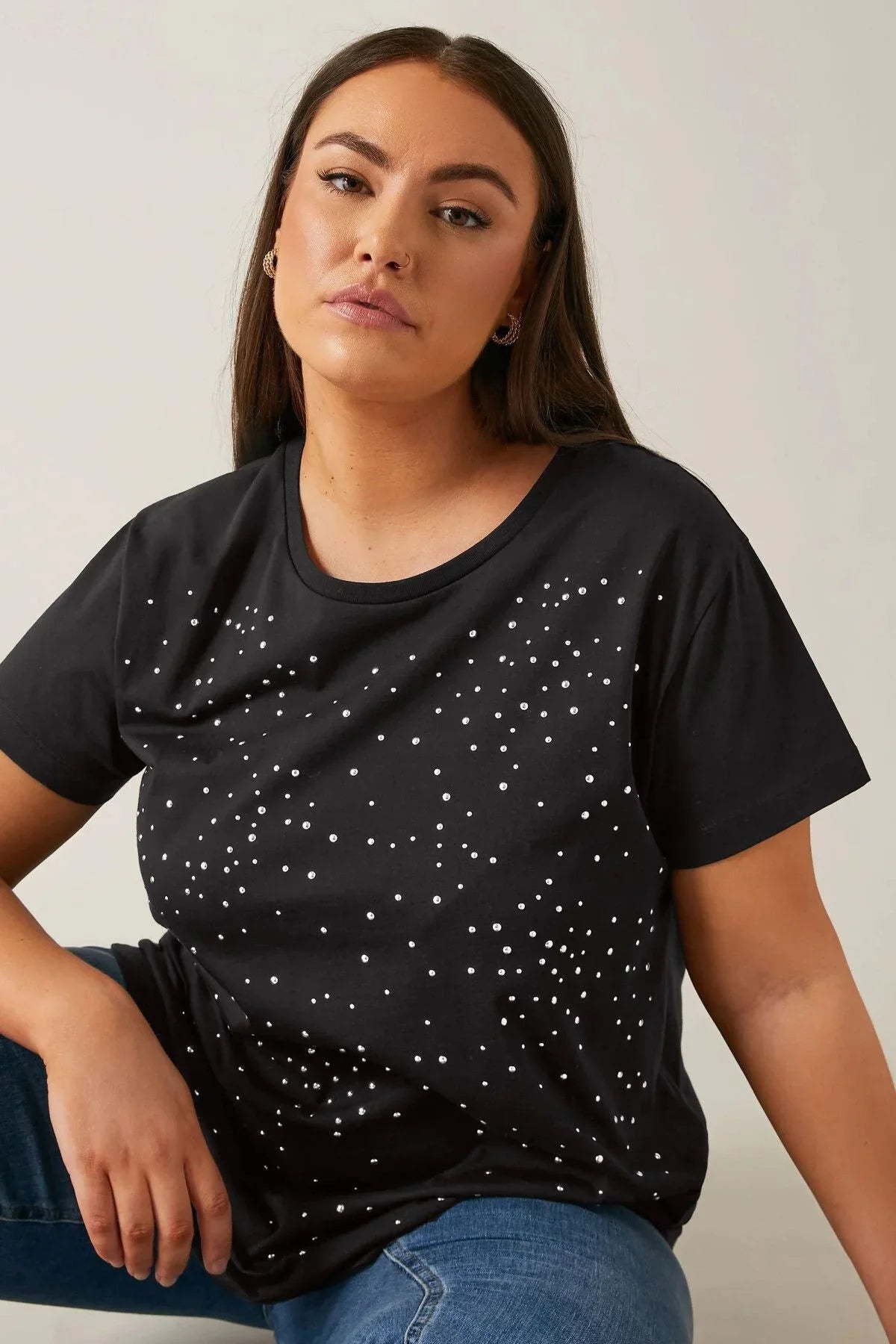 Büyük Beden Bisiklet Yaka Kısa Kollu Taş Yapıştırma Basic T-shirt 615350