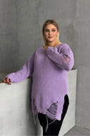 Büyük Beden Uzun Kollu Bisiklet Yaka Yırtık Detaylı Triko Kazak T-3