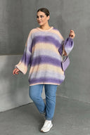 Büyük Beden Uzun Kollu Bisiklet Yaka Renk Bloklu Triko Kazak DG-06