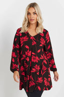 Büyük Beden Uzun Kollu V Yaka Önü Pileli Çiçek Desenli Bluz 303721