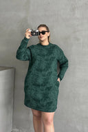 Büyük Beden Uzun Kollu Bisiklet Yaka Cepli Desenli Elbise 106-77