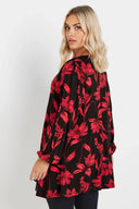 Büyük Beden Uzun Kollu V Yaka Önü Pileli Çiçek Desenli Bluz 303721