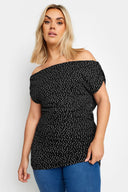 Büyük Beden Düşük Omuz Kolları Drapeli Puantiye Desenli Bluz 303353