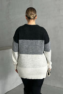 Büyük Beden Uzun Kollu Bisiklet Yaka Renk Bloklu Triko Kazak DG-04