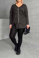 Büyük Beden V Yaka Önü Fermuarlı Yırtmaç Detaylı Leopar Desenli Bluz 173672