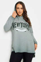 Büyük Beden Uzun Kollu Arkası Uzun Baskılı Yıkamalı Kapüşonlu Sweatshirt 302683