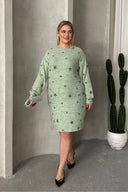 Büyük Beden Uzun Kollu Bisiklet Yaka Yıldız Desenli Esnek Elbise 84-158