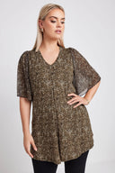 Büyük Beden V Yaka Kolları Tül Detaylı Leopar Desenli Bluz 321823