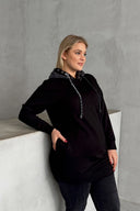 Büyük Beden Uzun Kollu Kapüşonu Desenli Cepli Sweatshirt 106-92