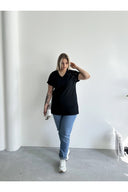 Büyük Beden Kısa Kollu V Yaka Yanları Yırtmaçlı Boncuklu Basic T-shirt RFT-04