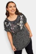 Büyük Beden Bisiklet Yaka Kısa Kollu Payet İşlemeli T-shirt 302855