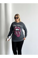 Büyük Beden Bisiklet Yaka Baskılı Pul Detaylı Yıkamalı Sweatshirt 301252