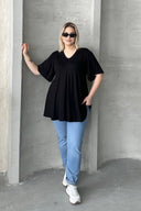 Büyük Beden İkili Paket V Yaka Desensiz Asimetrik Kesim Likralı Bluz 320315x2