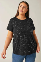 Büyük Beden Bisiklet Yaka Kısa Kollu Taş Yapıştırma Basic T-shirt 615350