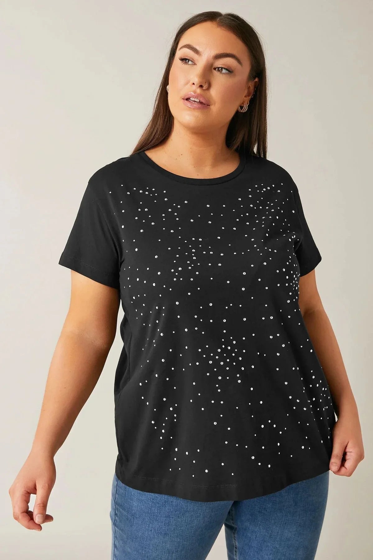 Büyük Beden Bisiklet Yaka Kısa Kollu Taş Yapıştırma Basic T-shirt 615350