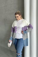 Büyük Beden Uzun Kollu Önü Kapamasız Renk Bloklu Triko Hırka 302148