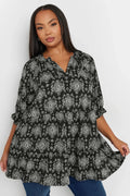 Büyük Beden Yarım Kollu Çentik Yaka Desenli Bluz 321991