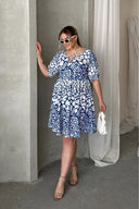 Büyük Beden Önü Bağlamalı Yarım Kollu Desenli Mini Elbise 101-9