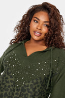 Büyük Beden V Yaka Kapüşonlu Taş Detaylı Leopar Desenli Sweatshirt 285009