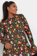 Büyük Beden Yılbaşı Temalı Bisiklet Yaka Uzun Kollu Eteği Bollaşan Bluz 322215